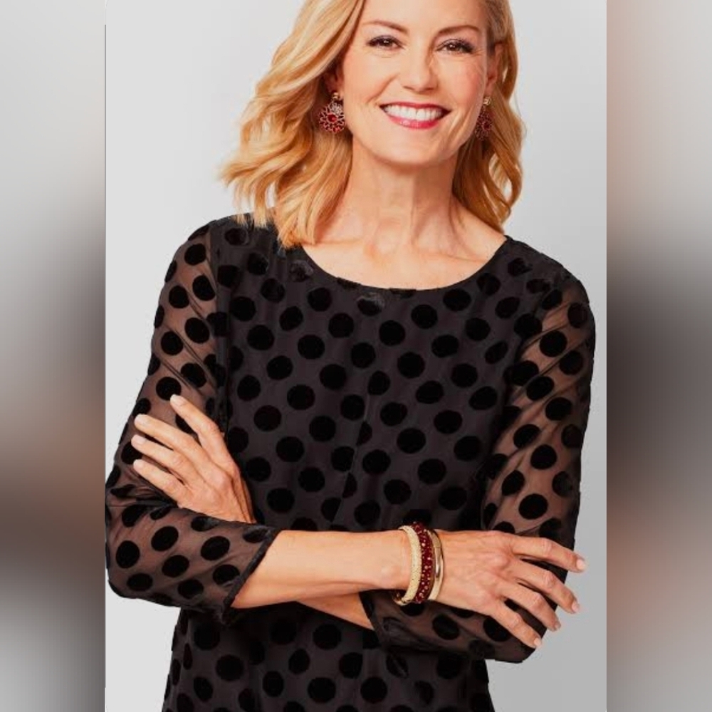 RSVP BY TALBOTS Velvet Burn Out Black Polka Dot Blouse 3/4 Sleeves Sz  LARGE
